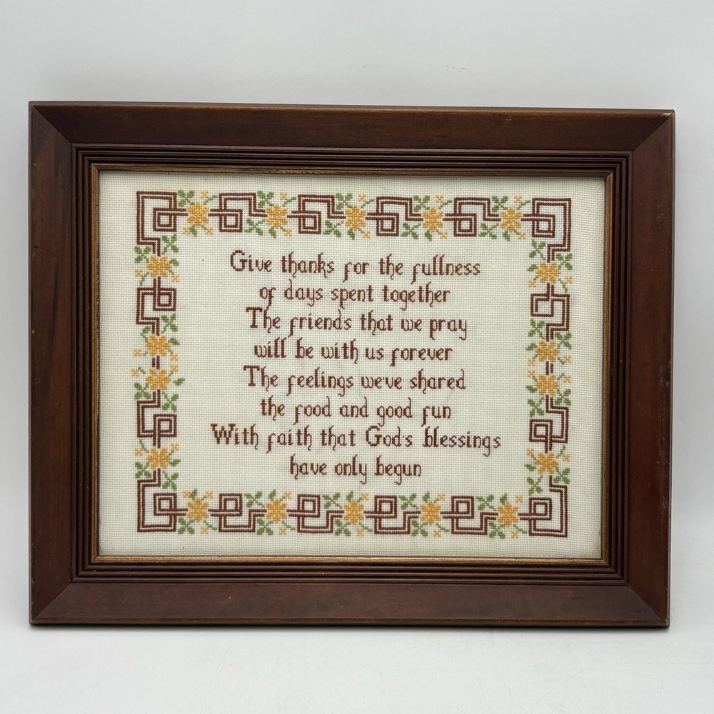 Vintage Framed Cross Stitch Give Thanks Sampler Folk Art Needlepoint Decor 13x15
